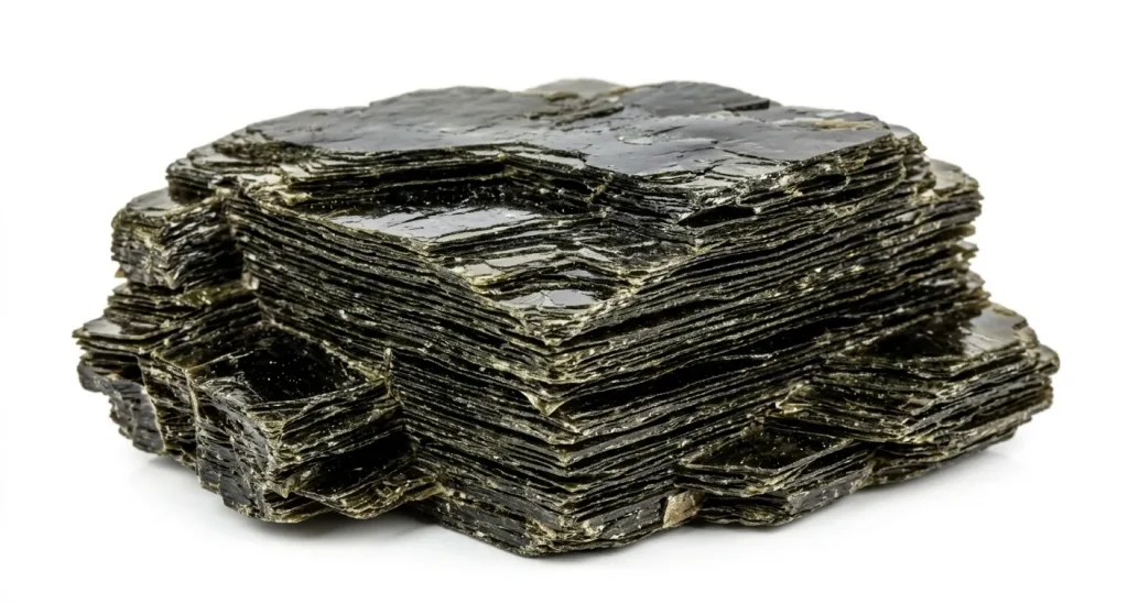 Dark greenish-black Biotite mica mineral specimen showing natural layered crystal structure