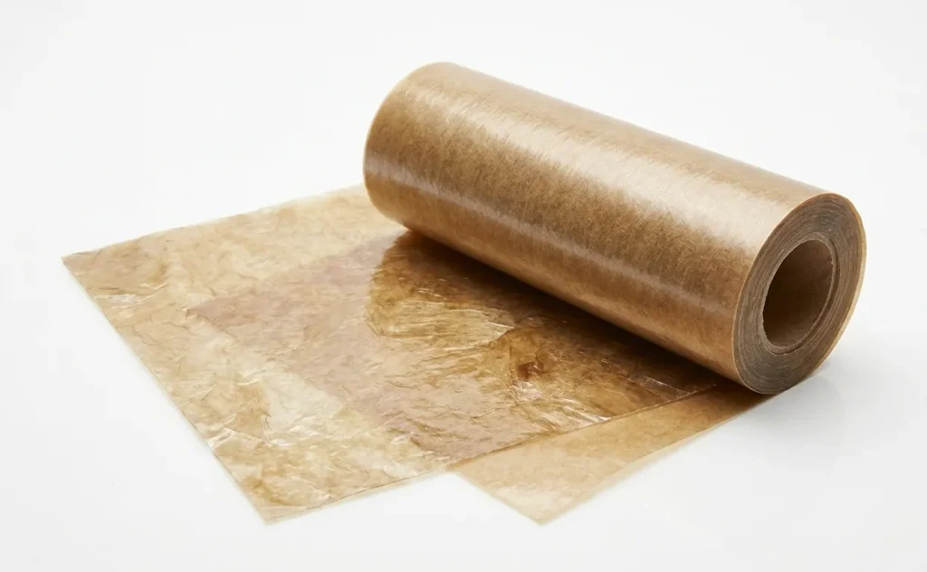 A large roll of natural amber-toned mica paper placed on top of stacked, flexible mica sheets.