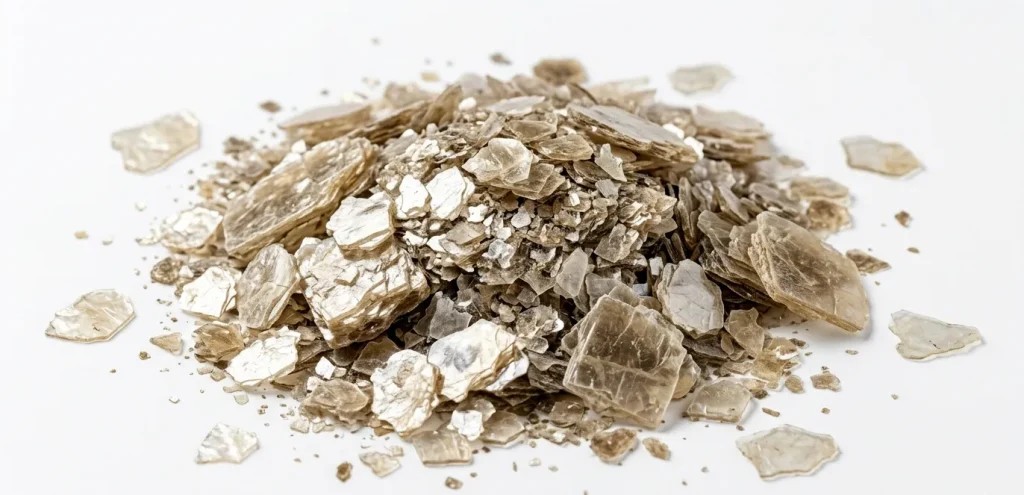 A dense pile of natural mica scrap and small flakes with a metallic luster.