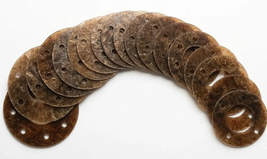 Translucent brown mica washers with pre-drilled mounting holes.