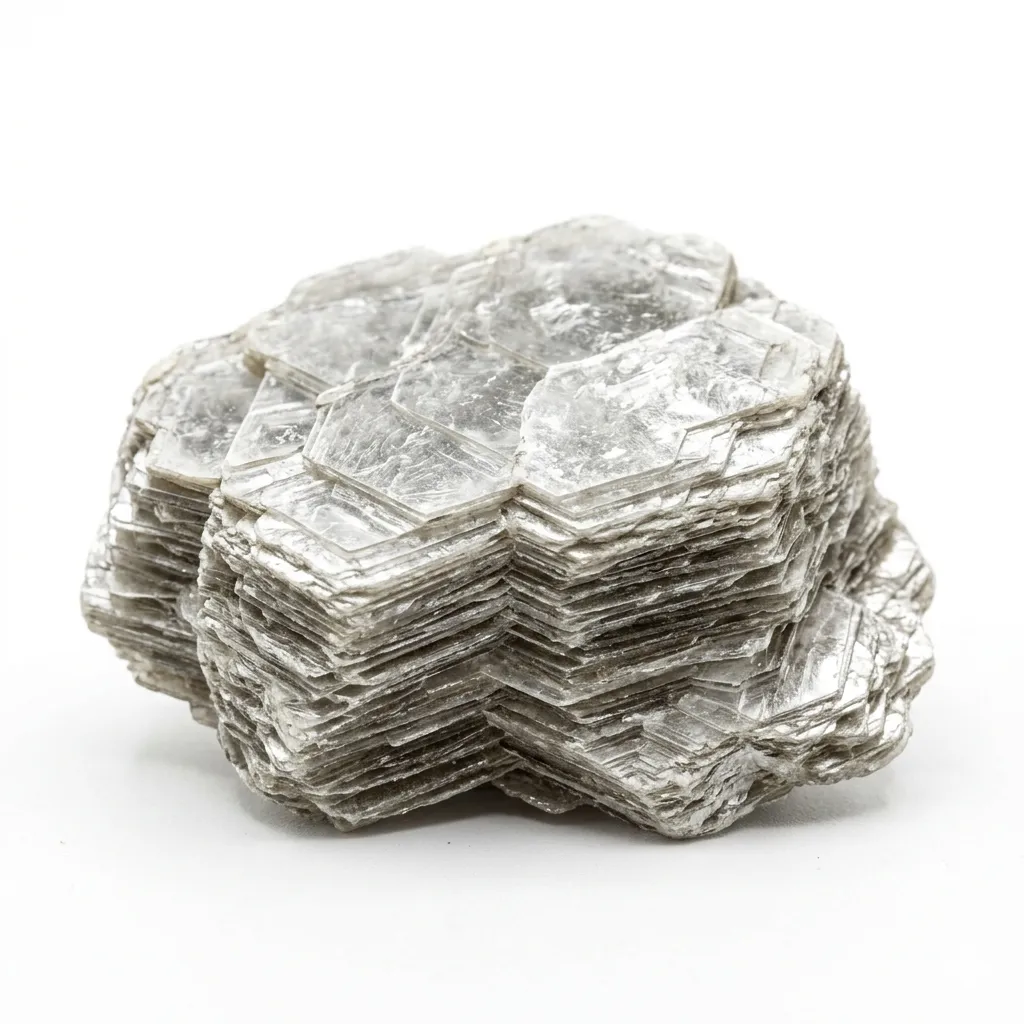 Natural Muscovite mica mineral specimen showing layered crystal structure and pearly luster on a white background.