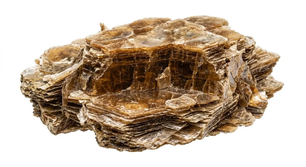 Raw Phlogopite amber mica mineral block with natural layered crystal structure.