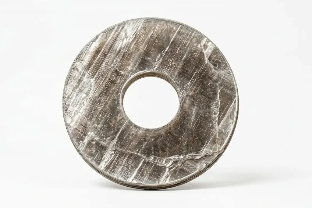 Circular mica washer with a layered crystalline texture.