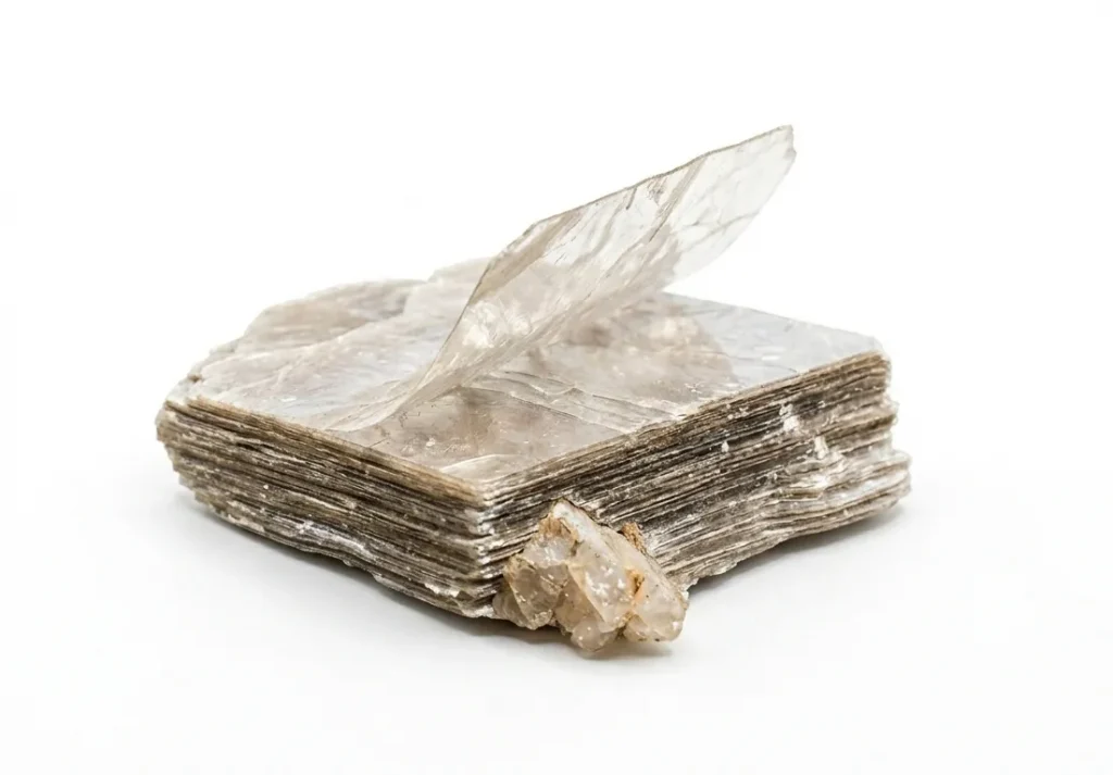 A stack of natural, translucent mica mineral sheets on a clean white background, showing one layer peeling back to demonstrate its flexible, paper-thin cleavage.